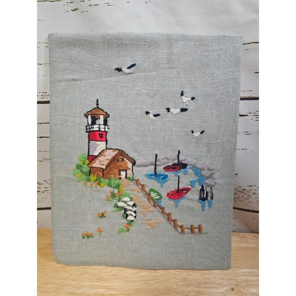 Vintage Hand Embroidered Lighthouse Coastal Folk Art Wall Decor
